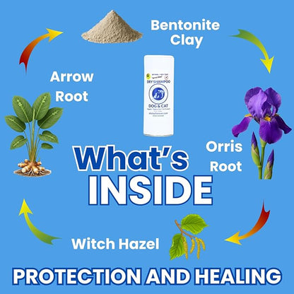 Sit. Stay. Forever. Dry Shampoo for Dogs & Cats – Organic Dry Bath Powder, Talco para Perros, Hypoallergenic, Odor Control for Smelly Dogs, No-Rinse, Anti-Itch, Safe & Natural, Made in The USA, 7 oz