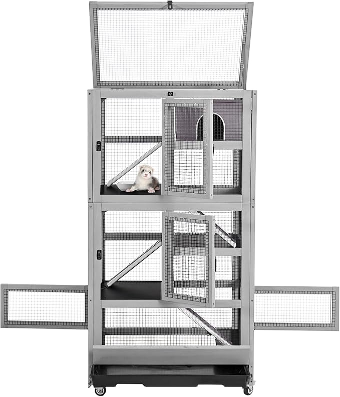 Large Ferret Cage, Chinchilla Cage with 5 Levels, Wooden Guinea Pig Cages with Wheels, Small Animal Cages with Ramp, Hideout, Pull Out Tray, for Rat, Hamster, Hedgehog