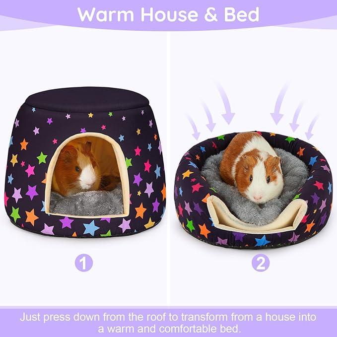 Glittme Guinea Pig Hideout,2 in 1 Guinea Pig Bed with Removable Pad, Washable Bunny Bed,Rabbit,Stars