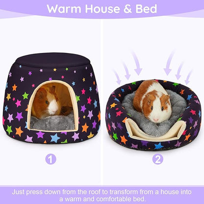 Glittme Guinea Pig Hideout,2 in 1 Guinea Pig Bed with Removable Pad, Washable Bunny Bed,Rabbit,Stars