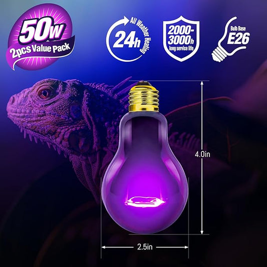 Leoterra Night Heat Lamp for Reptiles 2PACK 50W Heat Bulb Black Night Heat Light for Reptiles,120V E26 Base for Lizard Bearded Dragon Leopard Snake Turtle,Easy to Install and Replace