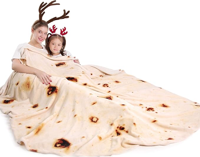mermaker Burrito Tortilla Taco Blanket 80 inches for Adult Kids, Realistic Tortilla Throw Blanket Funny Gifts for Women Men Teen Boy Girl, Soft Flannel Food Blanket for Christmas Birthday Gifts-Beige