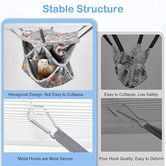 Glittme 3-Layer Ferret Hammock Soft Guinea Pig Hammock Washable Rat Hammock Hamster Cage Accessories Cozy Ferret Bed Toys for Small Animals Pet Sugar Glider