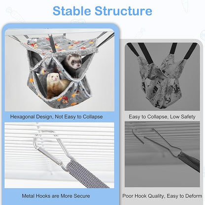 Glittme 3-Layer Ferret Hammock Soft Guinea Pig Hammock Washable Rat Hammock Hamster Cage Accessories Cozy Ferret Bed Toys for Small Animals Pet Sugar Glider