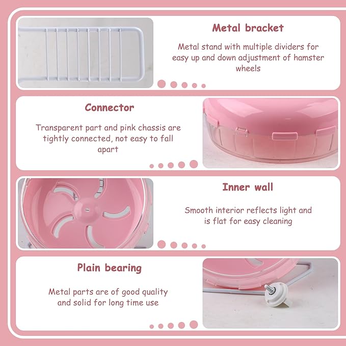 Pink 8.4" Silent Hamster Wheel with Height-Adjustable Stand, Quiet Spinning Hamster Exercise Wheels, Small Animal Chinchilla Running Toys Cage Accessories for Gerbils Mice Rats (Pink)