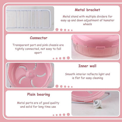 Pink 8.4" Silent Hamster Wheel with Height-Adjustable Stand, Quiet Spinning Hamster Exercise Wheels, Small Animal Chinchilla Running Toys Cage Accessories for Gerbils Mice Rats (Pink)