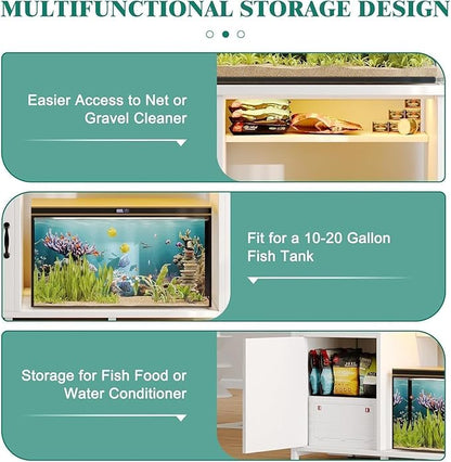 4ever2buy 55-75 Gallon Fish Tank Stand with Power Outlets, LED Light, Heavy Duty Aquarium Stand with Cabinet for Fish Tank Accessories Storage, for Turtle Tank, Reptile Terrarium, 1100LBS, White