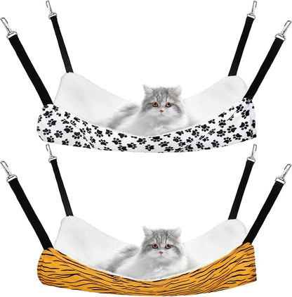 2 Pieces Reversible Cat Hanging Hammock Soft Breathable Pet Cage Hammock with Adjustable Straps and Metal Hooks Double Sided Hanging Bed for Small Dogs Rabbits(Zebra and Cat Paw Print,M)