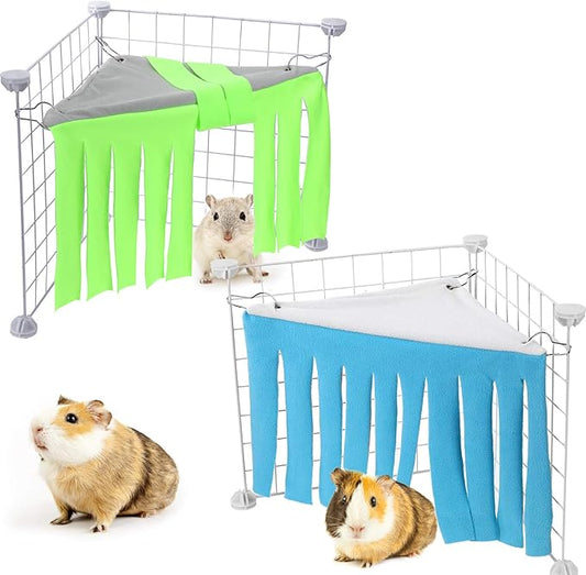 Shappy 2 Pcs Guinea Pig Hideout Hideaway Corner Fleece Toys Cage Accessories Cute Ferret Hammock for Ferrets Chinchillas Hedgehogs Small Pets(Grey with Blue, Grey with Green, Patternless)