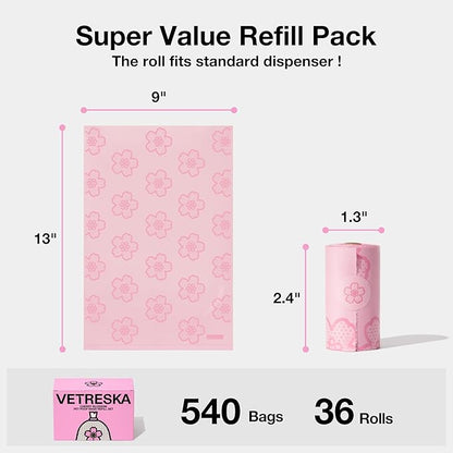 VETRESKA Cherry Blossom Scented Dog Poop Bags, Leak Proof, Extra Thick and Large Pet Waste Bags for Dogs Walking and Cat Litter, 36 Refill Rolls, 540 Poop Bags, Pink