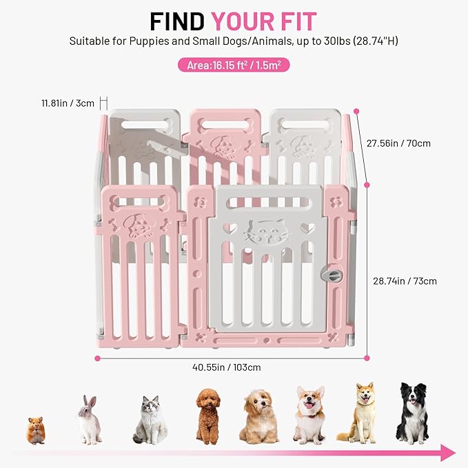 Dog Fence Pet Playpen Clear Puppy Cat Small Play Pen Foldable Kennel Indoor Outdoor Whelping Box for Dogs with Gate (Pink + White, 8 Panels+1 Door)