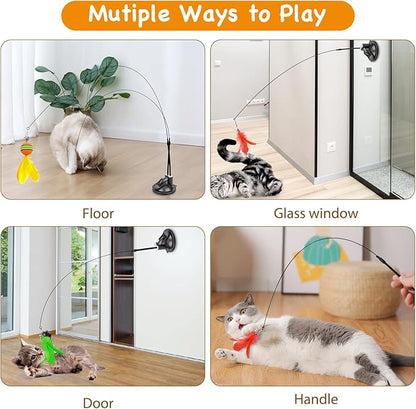Cat Toys Wand, Interactive Cat Toy with Super Suction Cup Sticky Detachable 12 PCS Feather Replacements 2 Wands Cat Spring Feather Toys for Indoor Cats Kitten Toys (9 Toys Double Headed)