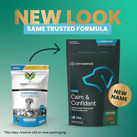 VetriScience Calm & Confident Chews, Composure Clinically Tested Calming Supplement for Dogs, Reduce Stress & Fear, Ideal for Thunderstorms, Fireworks & Travel, Chicken, 120 Count - New Look