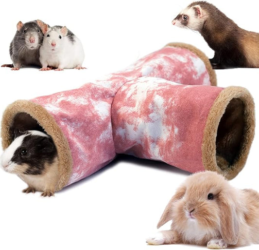 LeerKing Guinea Pig Tunnel 3 Way, Small Animal Hideout Toy Washable Canvas Fleece Tube Play Tunnel for Rats Ferret Bunny Gerbil Sugar Glider Chinchilla, Pink L