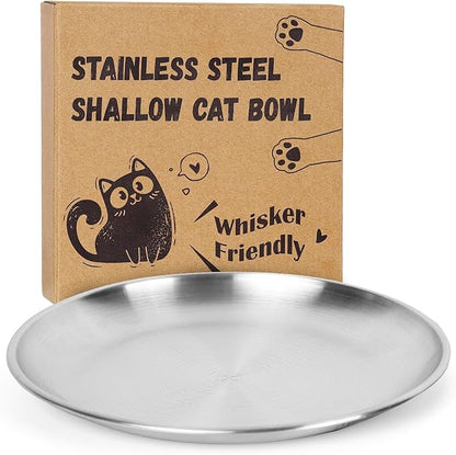 Stainless Steel Cat Bowls Set – 6.7" Whisker Friendly Shallow Dishes, Dishwasher Safe Food & Water Plates for Indoor/Outdoor Cats, 13oz (SUS304, 1Pc)