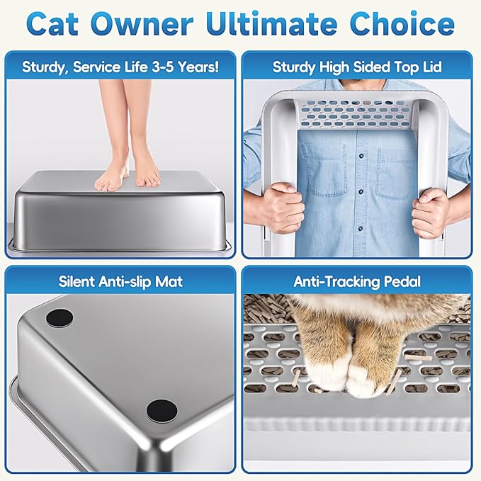 2 Pack Stainless Steel Cat Litter Box with Lid, XL Extra Large Metal Box for Big Cats, 24" L x 16" W x 12" H, Enclosed Litter Box High Sided, Non-Sticky, Include Litter Scoop