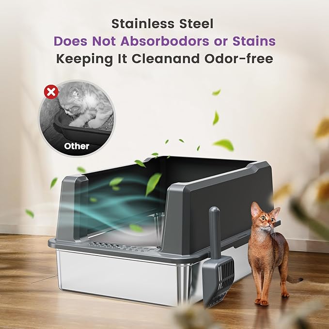 XXXL Stainless Steel Cat Litter Box with High Sides, 28" L x 20" W x 14" H Extra Large Litter Box for Big Cats and Multiple Cats, Enclosure Cat Litter Pan with Anti-Urine Leakage, Easy Clean