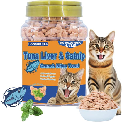 1.1 lb/500g Cat Grass Treats for Indoor Cats - 17.6 oz Natural Tuna Flavor, Healthy Snacks for All Life Stages, Crunchy Training Biscuits with Dental Care & Hairball Control