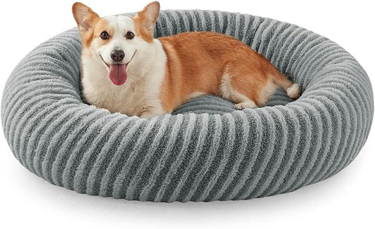 MIXJOY Calming Dog Beds Large Sized Dogs - Washable Donut Large Dog Bed with Removable Zipper Cover, Round Fluffy Plush Faux Fur Pet Bed with Anti-Slip Bottom, 36"x36"x10", Grey