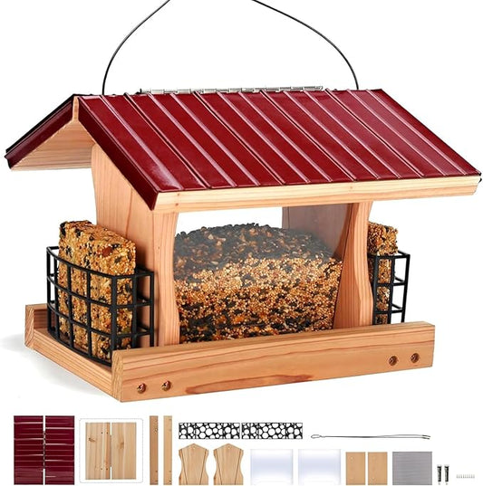 XL Large Hopper Bird Feeders for Outside - DIY Birdfeeder Kits for Adults to Build - Ranch Feeder W/Suet Cages - Heavy Duty 3/4" Red Cedar - Longtime Durability - 5 Lbs Compacity, 13" Size