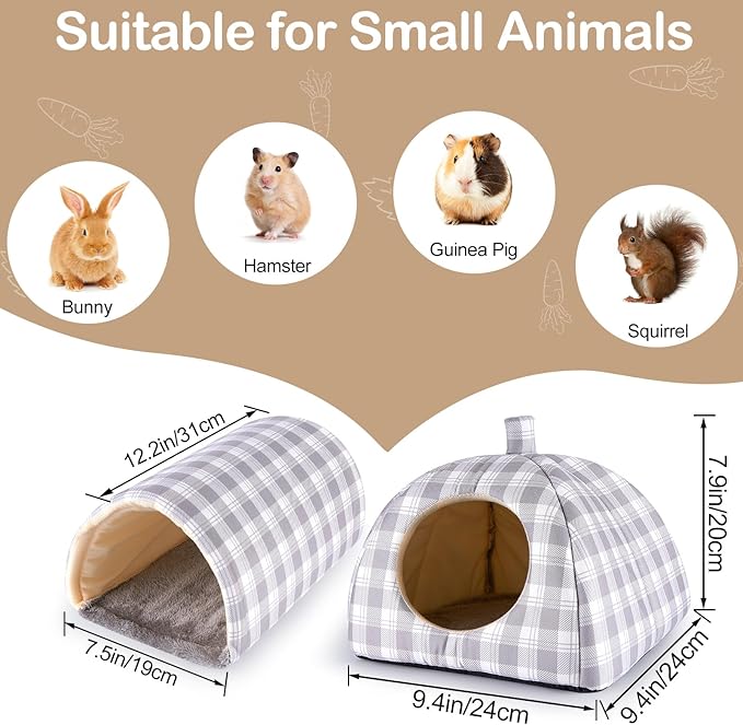 Bienbee Guinea Pig Hideout, Washable Rabbit Bed with Guinea Pig Tunnel, 2 Pack Guinea Pigs Toys Set Bunny Hideout Cage Accessories for Hamster Ferret Rabbits Bunny,Gray Grid