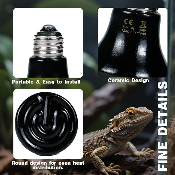 50W Reptile Heat Lamp(2-Pack) Ceramic Heat Emitter- Non-Light Emitting, 24/7 Safe Heating for Terrariums, Brooders & Incubators-Turtle Lizard Bearded Dragon Snake Small Pets E26
