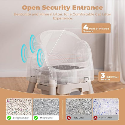 Self-Cleaning Automatic Cat Litter Box, with Open-Top Design, Included Safety Sensor and 10L Large Waste Bin, with Trash Bags and Litter Mat, Coffee Brown