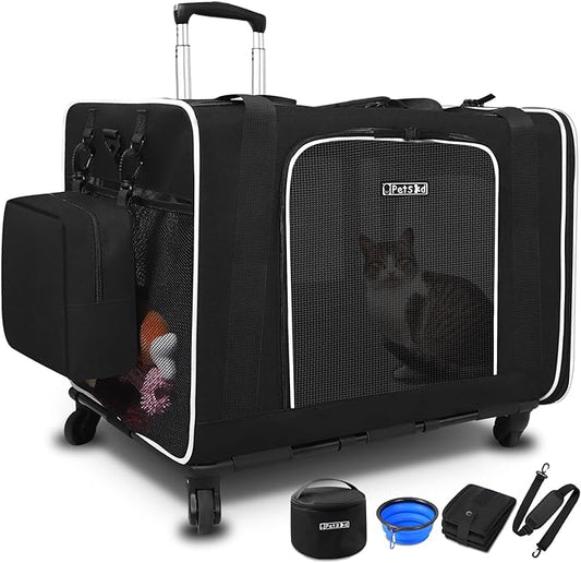 Petskd Extra Large Cat Carrier with Wheels and Litter Box 24"x17"x17" for Large Cat or 2 Small Cats, Collapsible Soft Sided Pet Carrier for Car Travel with Lockable Safety Zippers(Black)