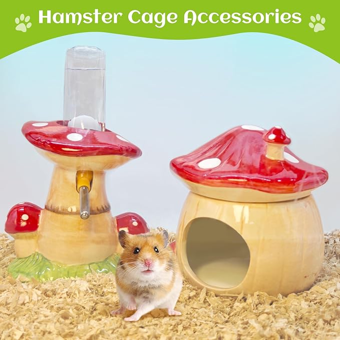 BNOSDM 3 in 1 Ceramic Hamster Hideout Hamster Food Bowl Hamster Water Bottle with Stand for Glass Tanks - Mushroom Shape Hamster Cage Accessories Cool Hides for Dwarf Syrian Mice Gerbils (Red)
