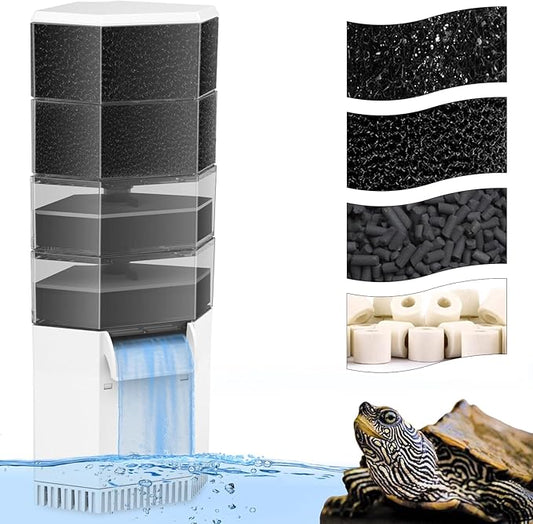 Turtle Aquarium Filter 4-Stage Turtle Filter for Low Water Level Tanks, 265GPH Super Quiet Waterfall Turtle Tank Filter Reptile Filter, Low Water Filters for Turtle Tanks 30-60 Gallon Water