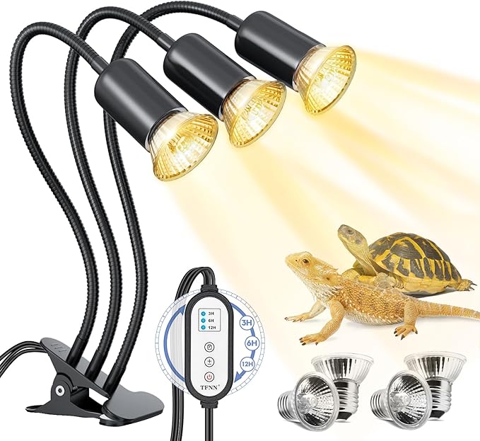 Reptile Heat Lamp, Three Head Reptile Light with Cycle Timer,UVA UVB Light, dimmable Basking lamp for Tortoise, Bearded Dragon, Lizard, Snake, E26/27 Base with 4 Bulbs (50W)-Black