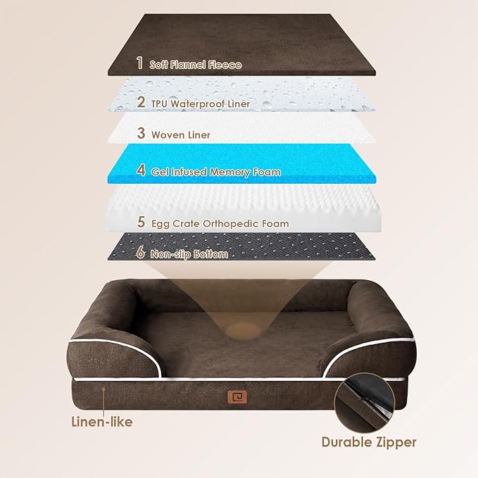 EHEYCIGA Orthopedic Dog Bed for Medium Dogs, Waterproof Memory Foam Medium Dog Beds with Sides, Non-Slip Bottom and Egg-Crate Foam Pet Couch Bed with Washable Removable Cover, Brown