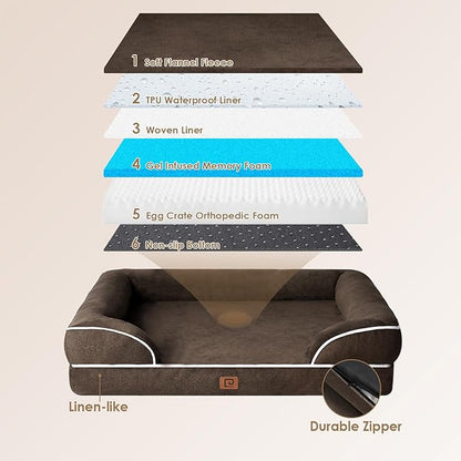 EHEYCIGA Orthopedic Dog Bed for Medium Dogs, Waterproof Memory Foam Medium Dog Beds with Sides, Non-Slip Bottom and Egg-Crate Foam Pet Couch Bed with Washable Removable Cover, Brown