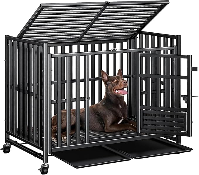 Upgraded 43.8 inch Heavy Duty Dog Crate, Reinforced Thickened Steel Frame Indestructible Kennel for Large & High Anxiety Dogs, Escape Proof Design with 3 Doors, 4 Lockable Wheels and 2 Removable Trays
