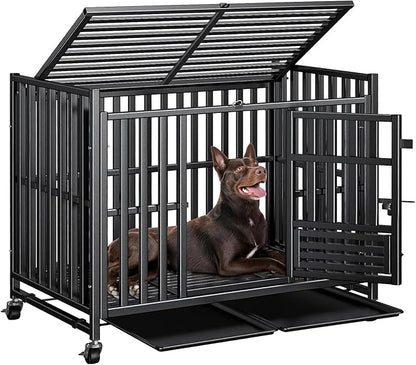 Upgraded 43.8 inch Heavy Duty Dog Crate, Reinforced Thickened Steel Frame Indestructible Kennel for Large & High Anxiety Dogs, Escape Proof Design with 3 Doors, 4 Lockable Wheels and 2 Removable Trays