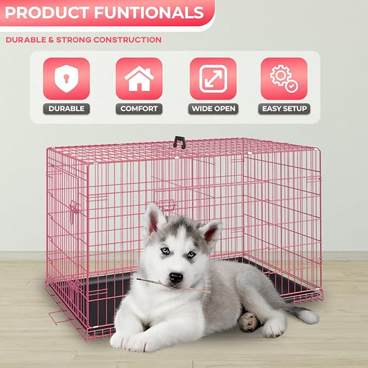 FDW Dog Crate for Medium Dogs 30 Inch Folding Metal WirePet Cage Double Door W/Divider Panel Indoor Outdoor Kennel Leak-Proof Plastic Tray,Pink