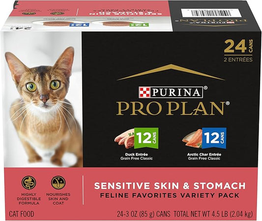 Purina Pro Plan Sensitive Skin and Stomach Wet Cat Food Variety Pack, Duck and Artic Char Entrees - (Pack of 24) 3 oz. Cans