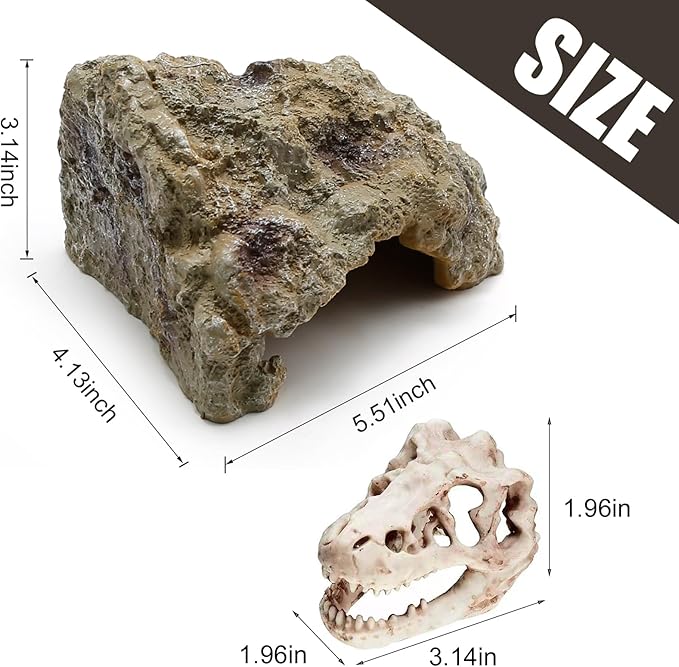 Reptile Rock Reptile Cave Hideout for Snakes/Geckos/Lizards/Turtles and Other Amphibians, with Dinosaur Skull (Small)