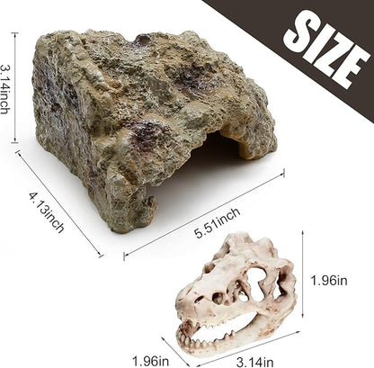 Reptile Rock Reptile Cave Hideout for Snakes/Geckos/Lizards/Turtles and Other Amphibians, with Dinosaur Skull (Small)