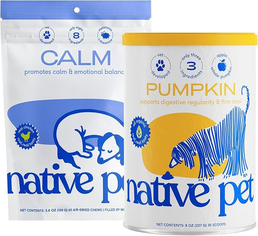 Native Pet Dog Calming Chews (60 Chews) & Organic Pumpkin for Dogs (8 oz.) - Melatonin for Small, Medium, Large Dogs and All-Natural, Organic Fiber Pumpkin Powder for Dogs
