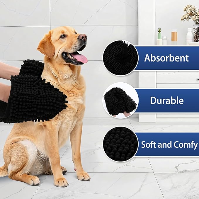 OLANLY Chenille Dog Bath Towel 31x13, Ultra Absorbent Quick Dry Pet Towel, Extra Soft Washable Plush Towel for Large Dogs & Puppies, Indoor Outdoor Use, Black