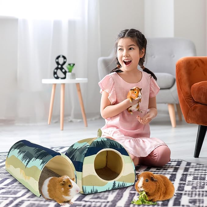 Bienbee Guinea Pig Hideout, Washable Rabbit Bed with Guinea Pig Tunnel, 2 Pack Guinea Pigs Toys Set Bunny Hideout Cage Accessories for Hamster Ferret Rabbits Bunny,Blue-Green Moutains