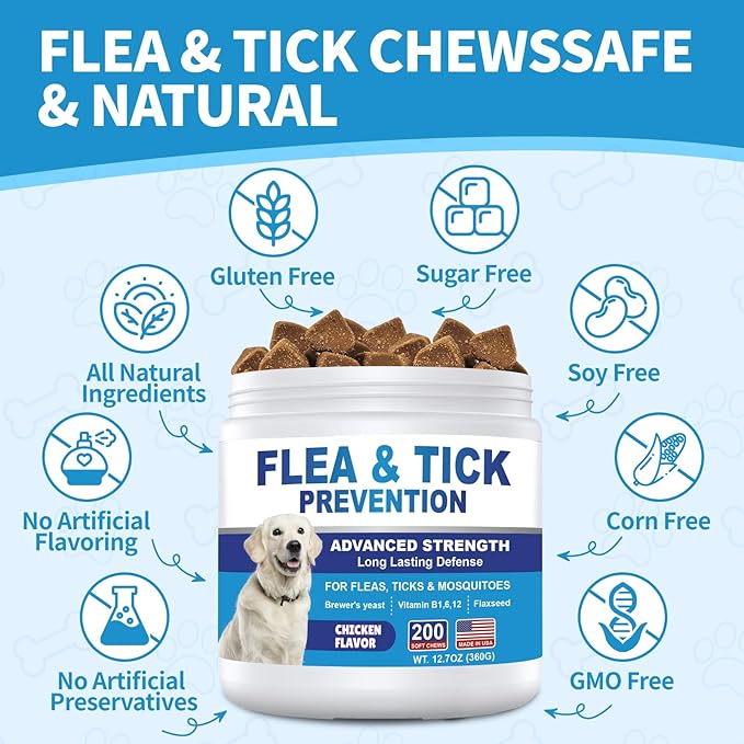 Flea and Tick Prevention for Dogs Chewables 200 Soft Treats - Oral Flea and Tick Chews Supplement, Vet Recommended Supplement Chews, Skin & Coat Support for Dogs, Puppies, All Breeds & Sizes