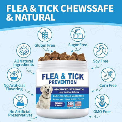 Flea and Tick Prevention for Dogs Chewables 200 Soft Treats - Oral Flea and Tick Chews Supplement, Vet Recommended Supplement Chews, Skin & Coat Support for Dogs, Puppies, All Breeds & Sizes