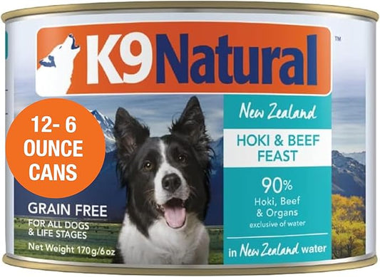 K9 Natural Wet Dog Food Pate, Hoki & Beef Feast, 6 Oz Cans (Pack of 12), Grain Free, Made in New Zealand with Sustainably Caught Hoki Fish and Grass-Fed and Finished Beef