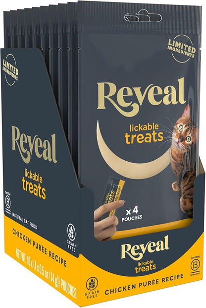 Reveal Lickable Cat Treats, Natural Purée Treats for Cats, Grain Free and Made with Limited Ingredients, Chicken Squeeze Up Cat Treats (40 x 0.5 oz Sachet Multipack)