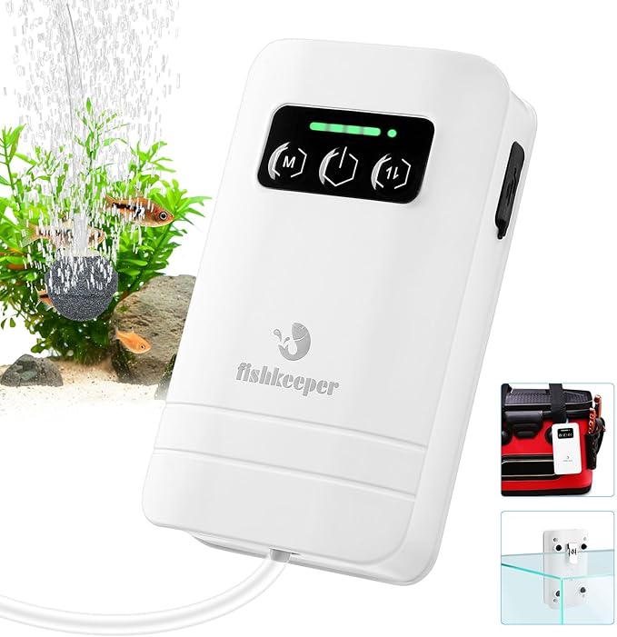 fishkeeper Rechargeable Aquarium Air Pump, Aerator Fish Tank Air Pump Up to 60 Gallons Portable Battery Powered Oxygen Pump with Clip for Most Bait Buckets, Power Outages and Emergency (2W 30GPH)