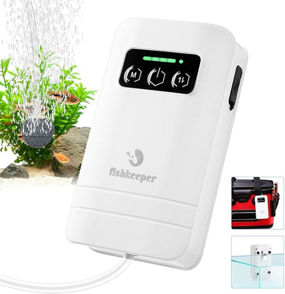 fishkeeper Rechargeable Aquarium Air Pump, Aerator Fish Tank Air Pump Up to 60 Gallons Portable Battery Powered Oxygen Pump with Clip for Most Bait Buckets, Power Outages and Emergency (2W 30GPH)