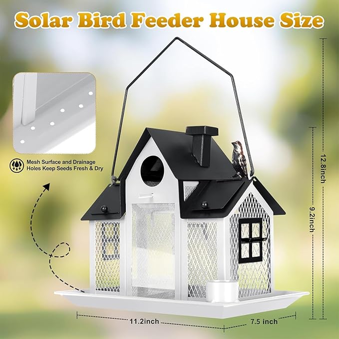 Solar Bird Feeders House for Outside Hanging, Metal Wild Bird Feeder for Outdoors Large Capacity Cardinal Birdfeeder Birdhouses Metal Bird Feeding Station White