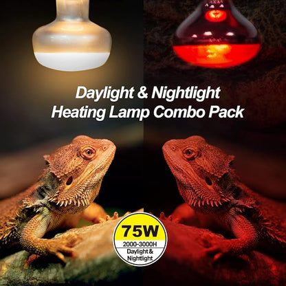 WACOOL 2Pack 75W Reptile Heat Lamp Day & Night Kit, Nature Simulated Basking Daylight & Nightlight Heat Lamp Bulbs for Reptiles & Amphibians, UVA Heat Lamp for Bearded Dragon Gecko Turtle Lizard